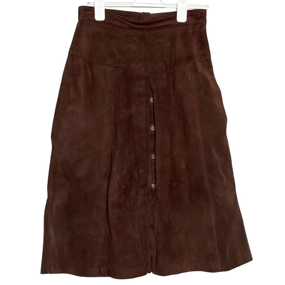 Vintage Karen‎ Silton Brown Genuine Suede Button Front Midi Skirt Size 13/14